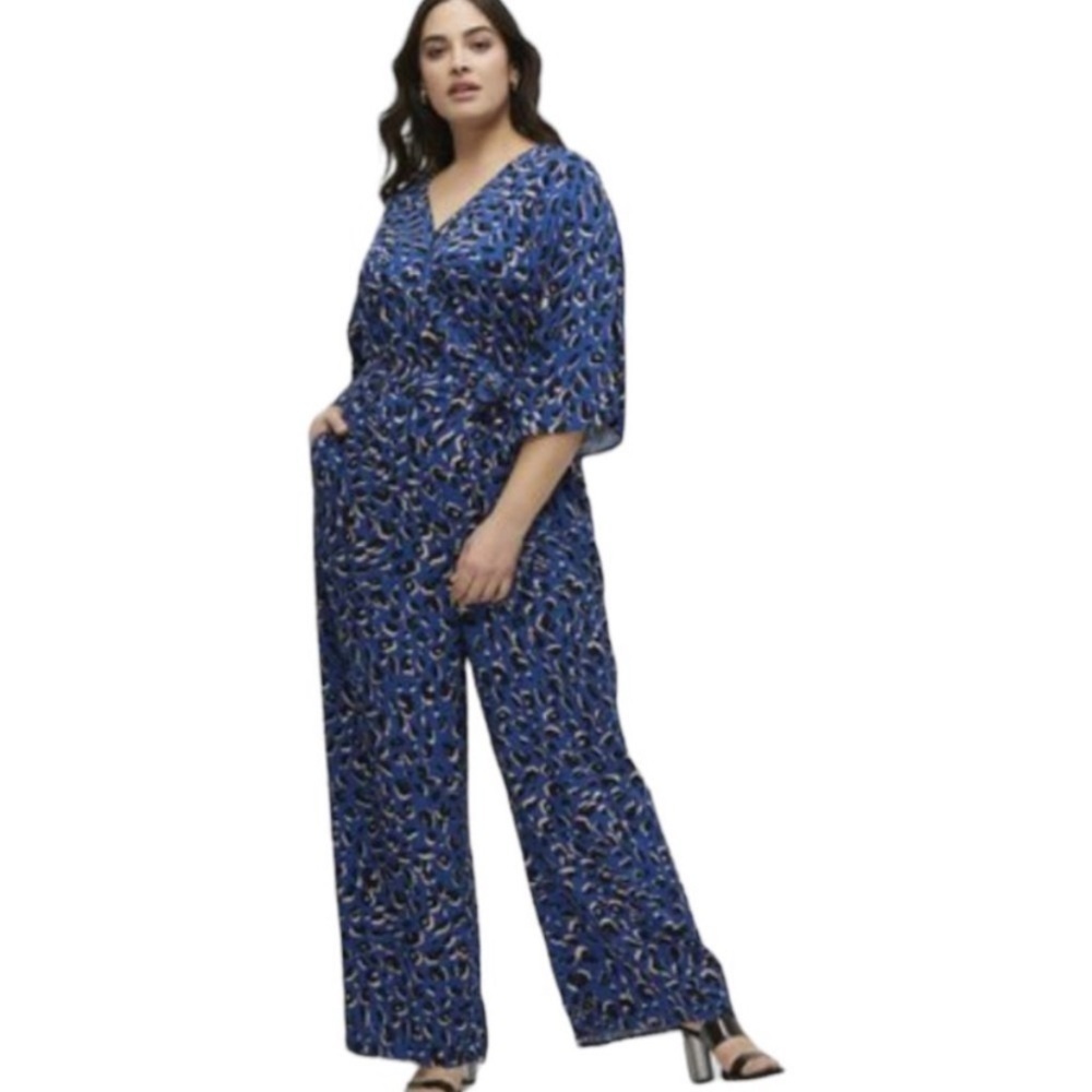 NWT Eloquii Elements plus size blue leopard print kimono sleeve vneck jumpsuit